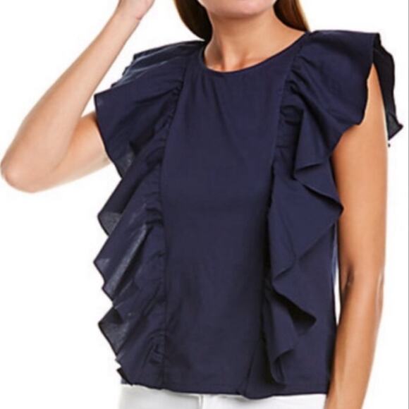 J Crew Navy Blue Ruffle Front Top G5502 Preppy Cotton Blouse Extra Small Shirt - Picture 1 of 12